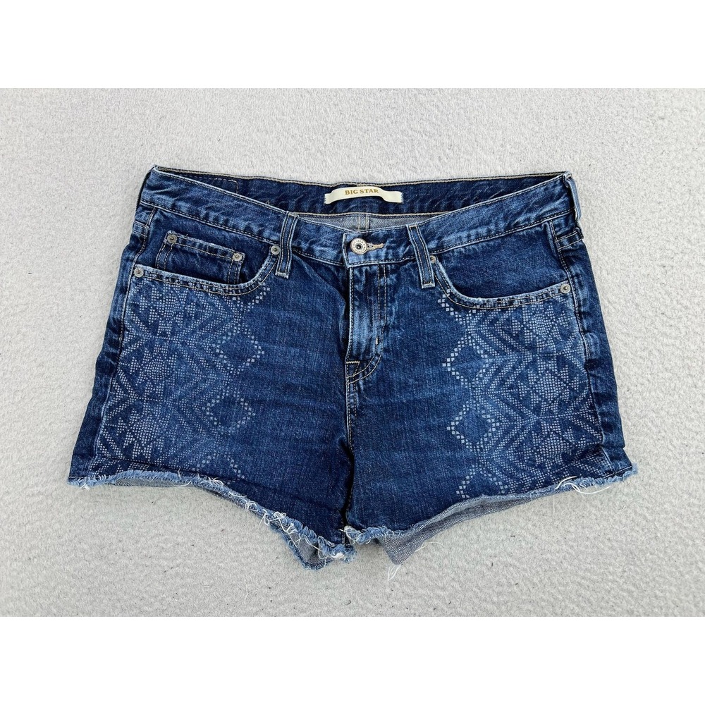 Big Star Denim Shorts Womens 30 Blue Cutoff Geometric Print Raw Hem Summer